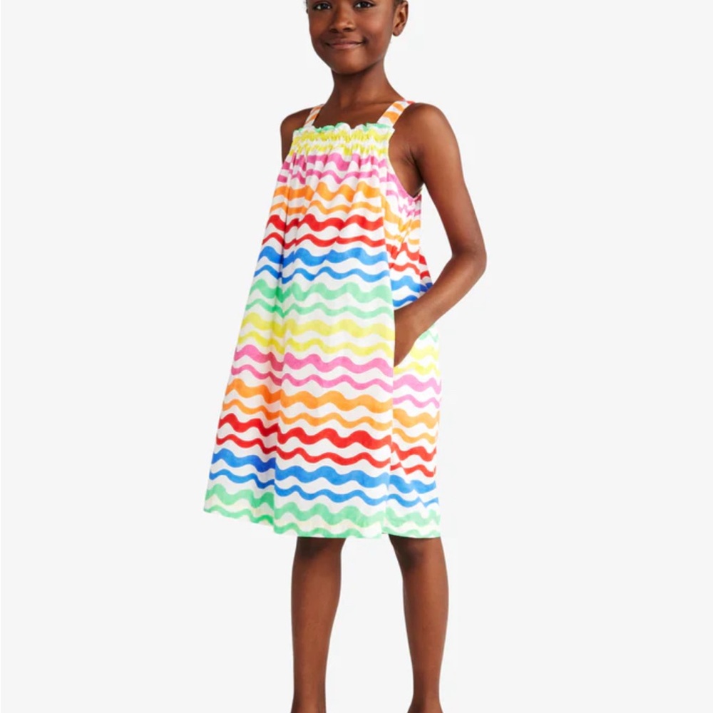 Primary cotton tank dress rainbow watercolor waves 4/5 pockets spring summer